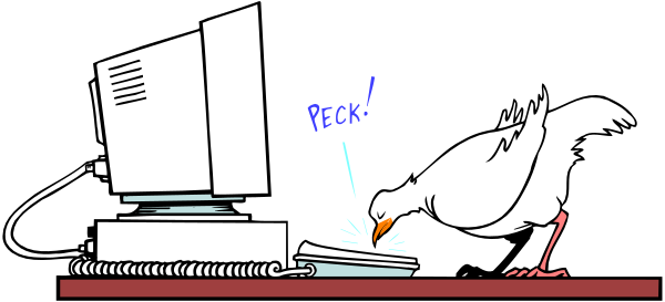 The image shows a cartoon of an eagle perched on top of a computer monitor with its wings spread wide as if it's flying over a desk where there is also a mouse next to some papers, and in front of this scene stands another bird that appears surprised or shocked by the situation.