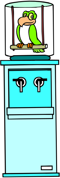 The image shows a parrot sitting inside an ice cream machine with its wings spread out against a blue background; there is also a sink in front of it on top of which rests another bird that appears to be asleep, and below them both stands a small refrigerator-like structure painted white at the bottom.