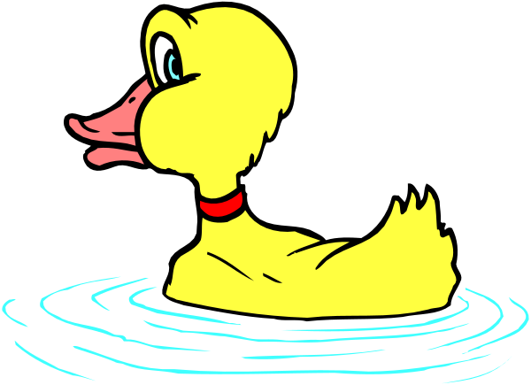 The image shows a yellow rubber duck floating on water with ripples around it against an indistinct background.