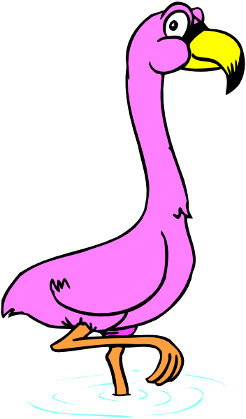 The image shows a pink flamingo standing on water with its legs spread out wide while looking to the side.
