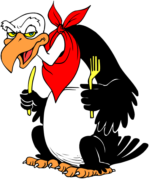 The cartoon depicts an anthropomorphic bird with a red bandana around its neck holding a fork over what appears to be a piece of food on top of another object that looks like a hot dog bun, all set against a black background.