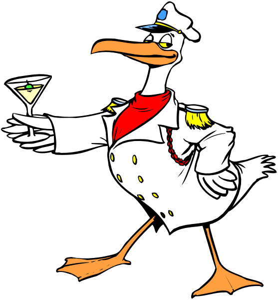 The cartoon depicts a duck dressed as an officer with wings on its back holding a martini glass while standing next to another bird that is also in uniform but without wings.