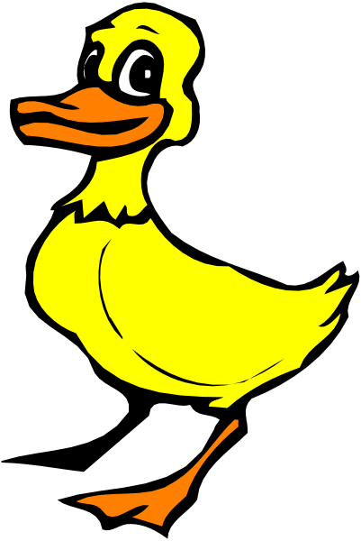 The image shows a cartoon of an orange duck with black eyes standing upright on two legs against a dark background.