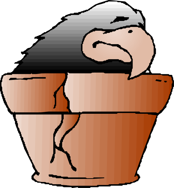 The image shows a cartoon of an eagle peeking out from inside a cracked pot with its wings spread wide as if it's about to fly away.