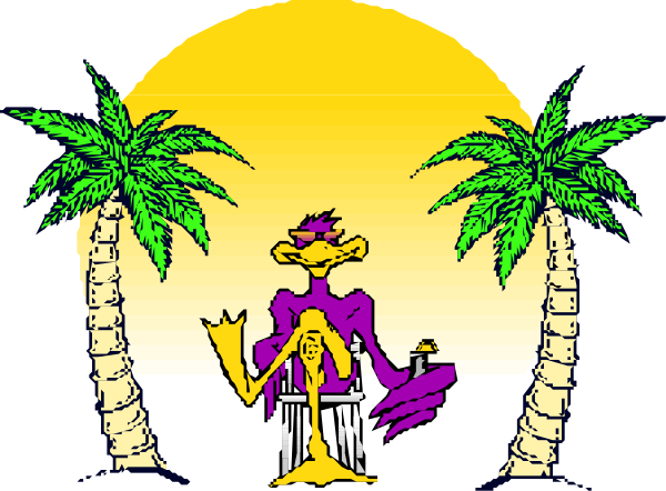 The image shows a cartoon of an owl standing on top of palm trees with its wings spread wide under a sunset sky at what appears to be a beach resort entrance sign.