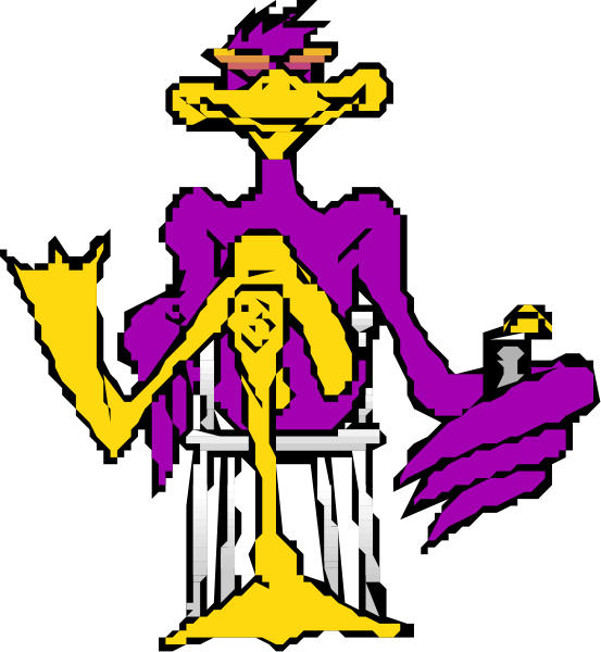 The image shows a cartoon character that appears to be an anthropomorphic bird with purple feathers on its head, wearing what looks like armor pieces around its neck and chest area; it is holding up one hand as if gesturing while standing in front of two columns or pillars.