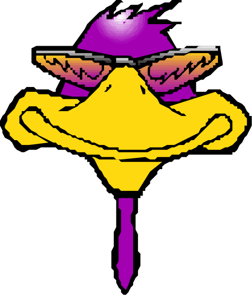 The image shows a cartoon character with sunglasses on its head wearing purple goggles over eyes that appear to be closed in an exaggerated manner; it has yellow feathers around neck area and is smiling broadly, giving off a happy vibe.
