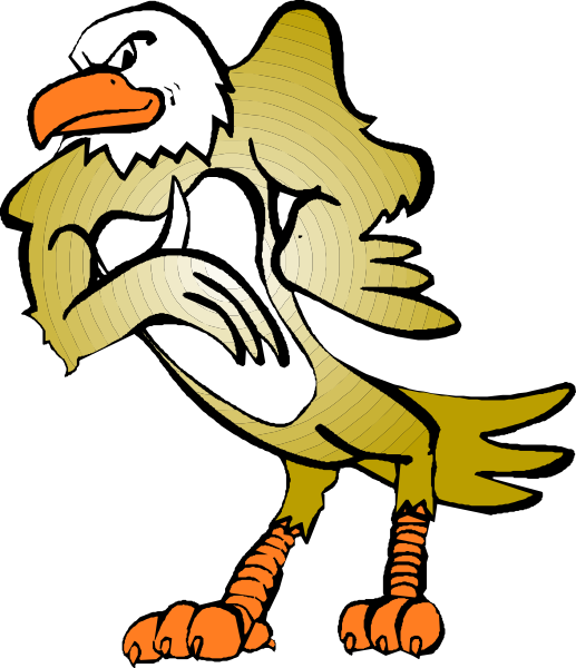 The image shows a cartoon eagle with its wings spread wide standing on two legs against a black background.