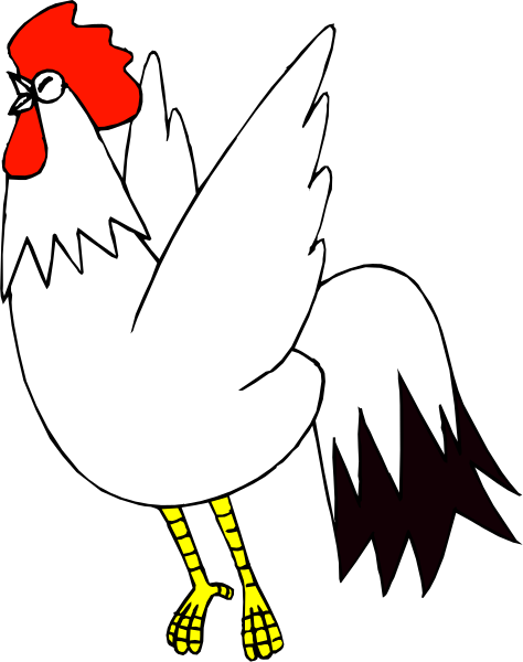 The image shows a cartoon rooster with yellow feet standing on its tail feathers against a black background.