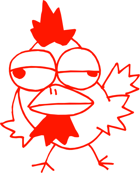 The image shows a cartoon chicken with red feathers on its head standing upright against a black background.