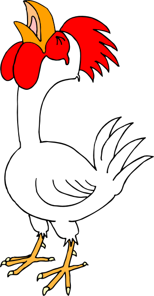 The image shows a cartoon rooster with red feathers on its head standing upright against a black background.
