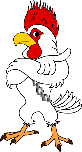 The image shows a cartoon of an anthropomorphic rooster standing upright on two legs with its arms crossed over itself in front of it.
