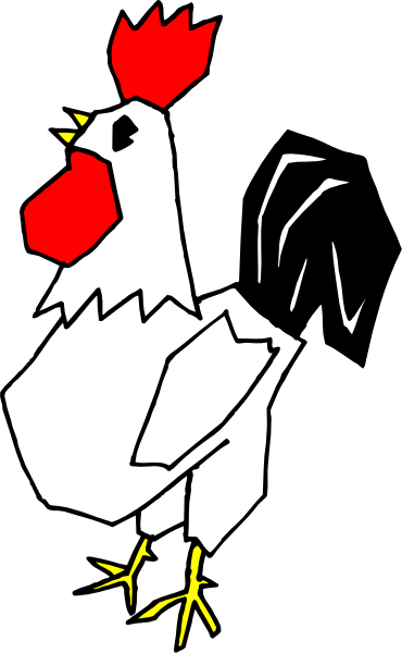 The image shows a cartoon chicken with red feathers standing on two legs against a black background.