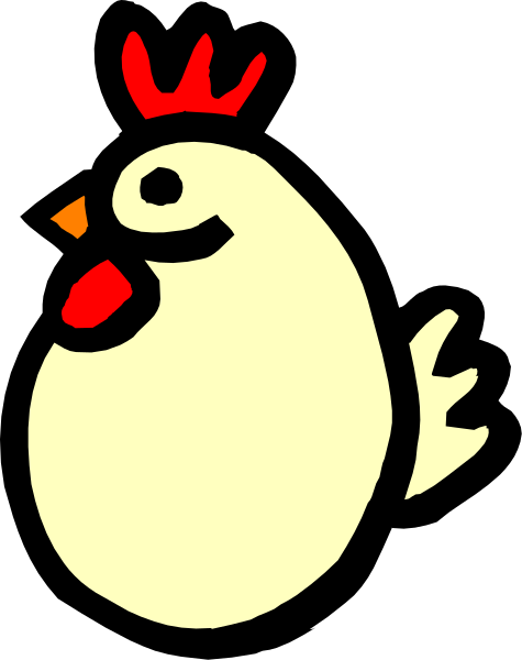 The image shows a cartoon chicken with an orange beak standing on two legs against a black background.