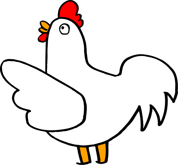 The image shows a cartoon of two chickens: an adult chicken with yellow feet standing on top of another smaller white chicken that is sitting down in front of it.