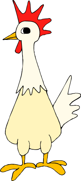 The image shows a cartoon chicken with red feathers standing on two legs against a black background.