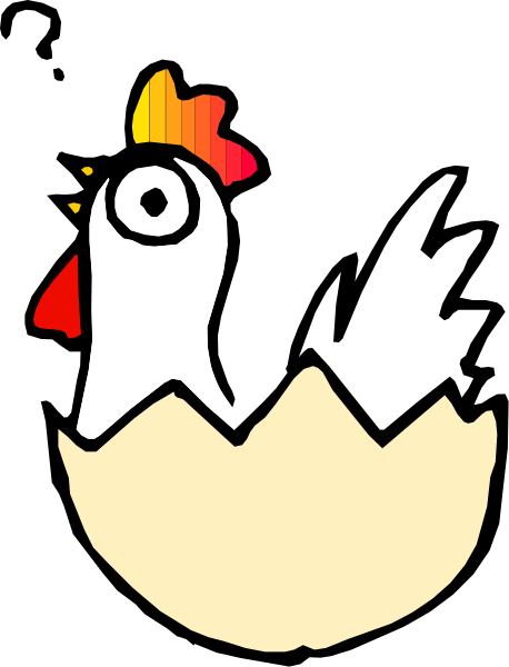 The image shows a cartoon chicken with an egg underneath it on its feet.