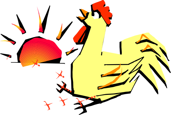 The image shows a cartoon rooster with flames around it against an orange sky background.