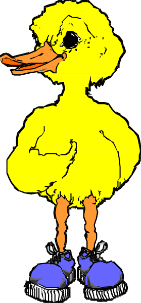 The image features a cartoon of an anthropomorphic duck standing upright on two legs with its arms crossed over itself against a black background.