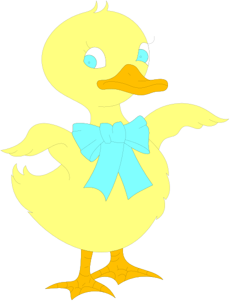 The image features a cartoon duck with blue eyes wearing an oversized bow tie standing on two legs against a black background.