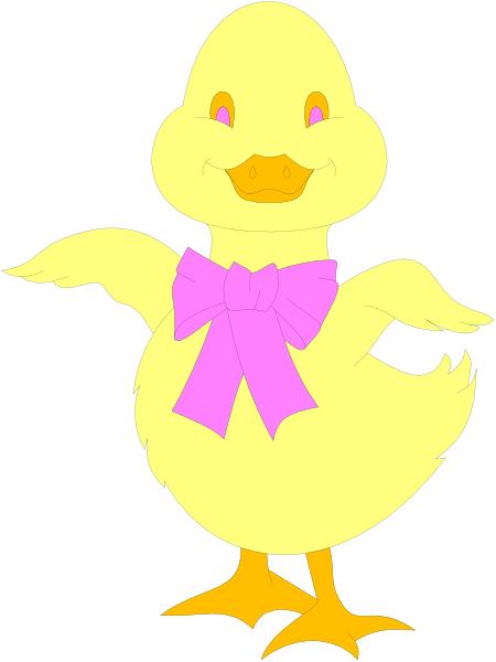 The image shows a yellow rubber duck with pink ribbon around its neck standing upright on two legs against a black background.