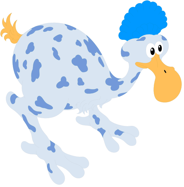 The image shows two cartoon illustrations of a blue spotted animal with an exaggeratedly large head running on its hind legs in one frame, transitioning to standing upright like a humanoid figure wearing pants and holding onto something for balance in another frame.