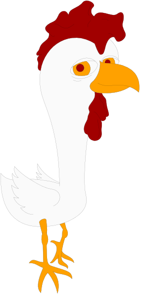 The image shows a cartoon chicken with red feathers standing on top of what appears to be an eggplant-shaped object in front of it.