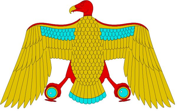 The image shows a stylized eagle with an outstretched wing on its left side against a black background; it is wearing a crown-like headpiece adorned in reds, blues, yellows and greens, suggesting royalty or nobility.