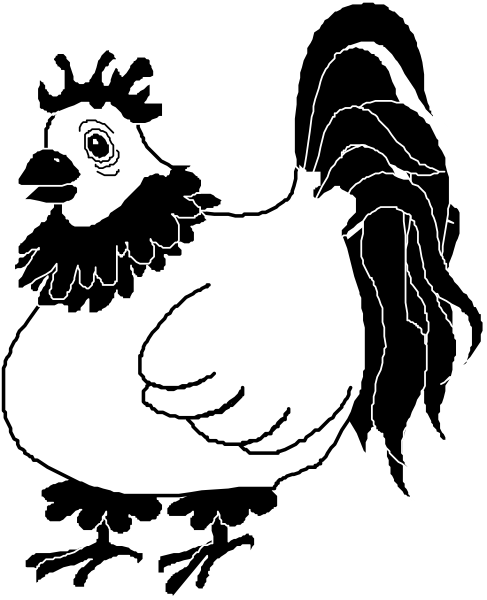The black and white illustration shows a rooster with its wings spread out against an unseen background.