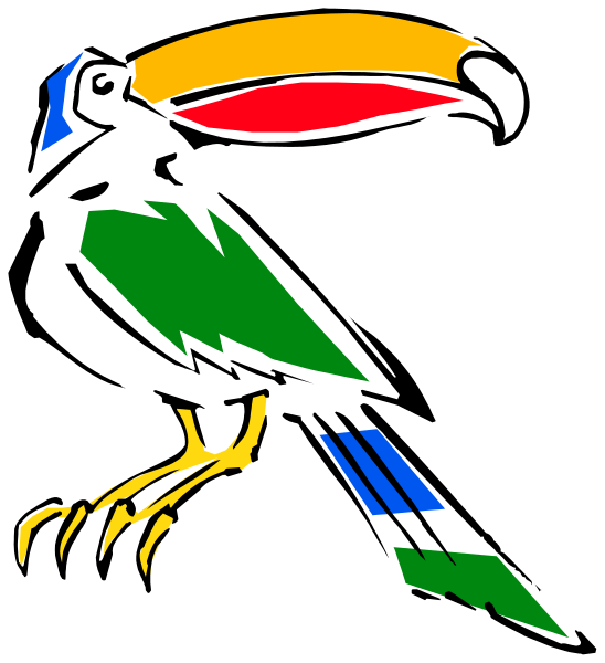 The image shows a colorful parrot with an open beak against a black background.