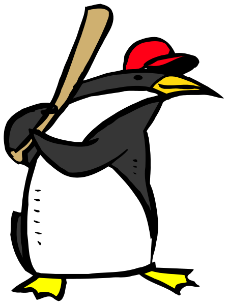 The cartoon depicts a penguin holding two baseball bats crossed over its body with a red hat on top of it's head.