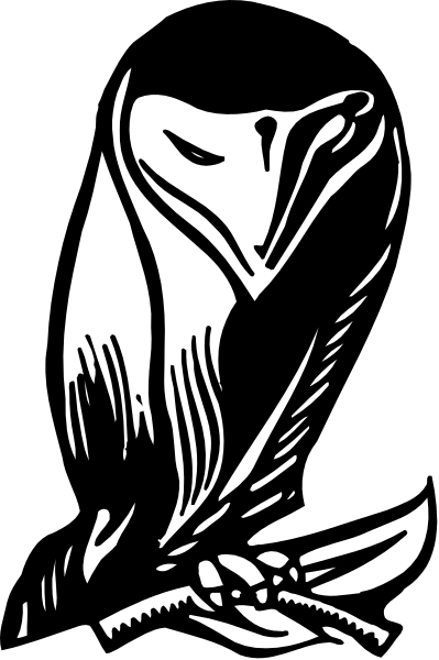 The black and white illustration shows a bird with an owl's face perched on top of what appears to be a human head wearing glasses; both figures have wings spread wide behind them against a dark background, suggesting flight or preparation for it.
