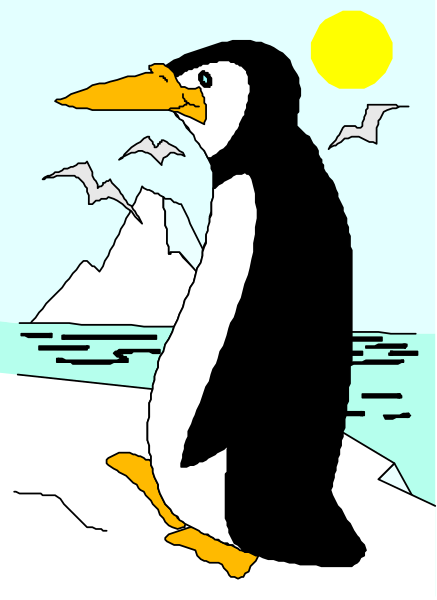 The image shows a cartoon penguin standing on an icy surface with its feet spread apart while looking to the side of itself towards what appears to be a sunset in the background. There is no text present within this clip-art illustration, and it does not depict any actions or interactions between objects as there are only two main subjects: the penguin and the icy environment with its surrounding elements like icebergs and water. The setting appears to be a cold climate due to the presence of an iced surface on which the penguin is standing, suggesting it