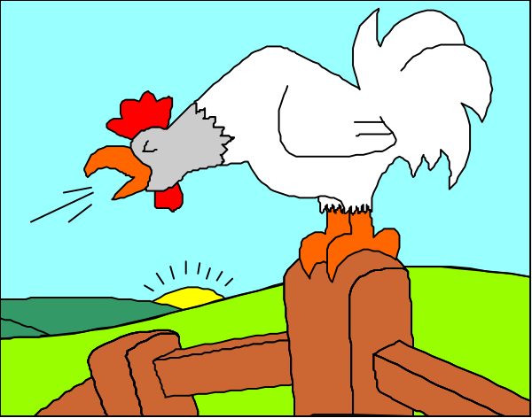 The cartoon shows a chicken with its head up high on top of a wooden fence post while looking to the left side of the image where there is an open field under a blue sky in the background.