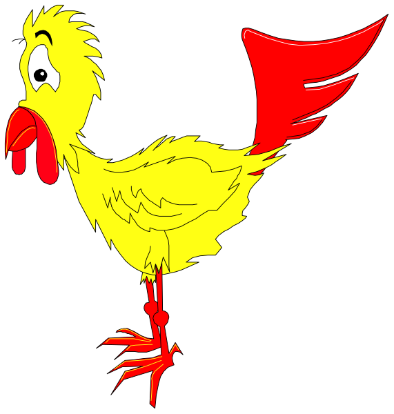 The image shows a yellow chicken with red wings flying to its right side against a black background on top of another similar bird that is standing still in front of it.