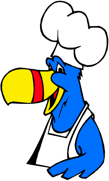 The image shows a cartoon of an animated blue bird with its beak open wide as if it's shouting, standing in front of what appears to be a chef wearing white clothing and holding cooking utensils like tongs and ladle behind him; there is no text present on the clip-art.