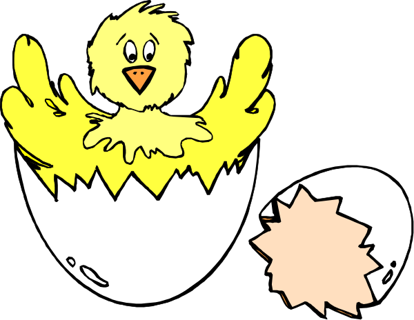 The cartoon shows a yellow chick with an eggshell on its back sitting next to another chick that is hatching out of it; both chicks have large eyes looking upwards towards something above them in anticipation, and there's no text present within this image.