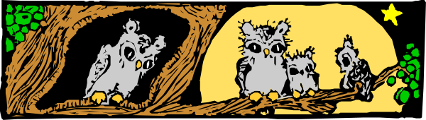 The image shows a cartoon of three owls flying over an illustrated forest at night with trees on either side under a full moon; there is no text present in this clip-art illustration.