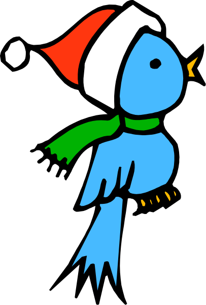 The image features a cartoon bird with wings spread wide against a black background; it is wearing an elf hat adorned with red trim around its neckline and has a scarf draping over one shoulder, suggesting festive attire for Christmas time.