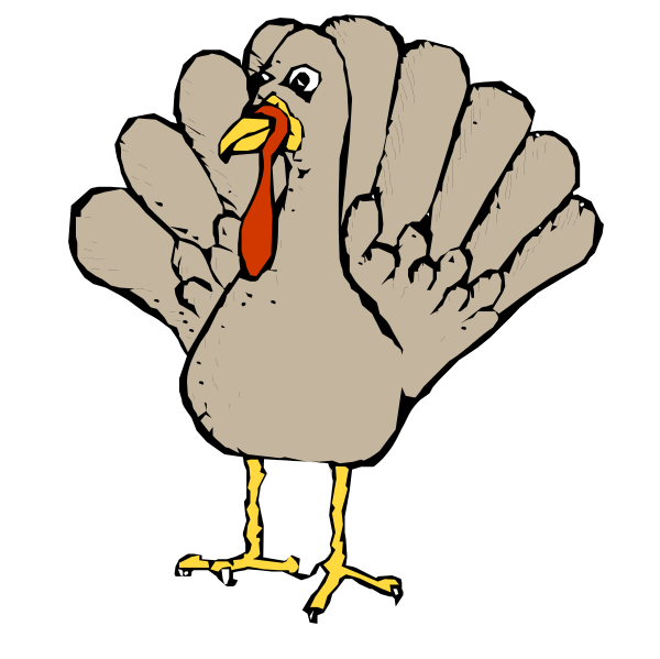 The image shows a cartoon turkey standing upright on two legs with its wings folded at sides against a white background.