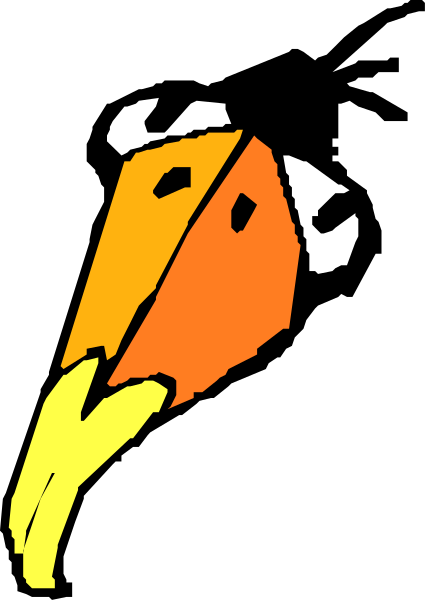 The image shows a cartoon of an orange bird with yellow beak holding what appears to be food in its mouth against a black background.