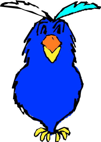 The image shows a cartoon parrot with blue feathers standing on its perch against a black background.