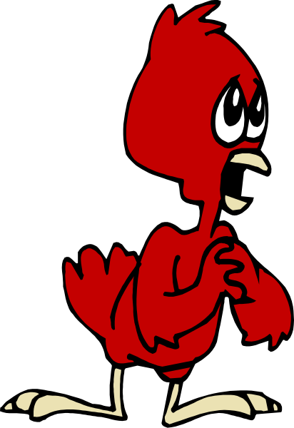 The image shows a cartoon red rooster with its beak open as if it's speaking, standing on what appears to be grass against an overcast sky background.