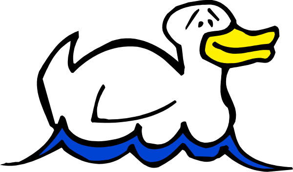 The image shows a cartoon of an animated duck swimming on water with waves around it against a black background.