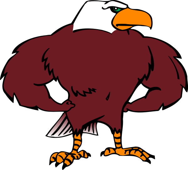The image shows two cartoon eagles with muscular bodies standing side by side against a black background; each bird has its wings spread wide as if in flight, displaying their chests prominently to showcase feathers and muscles.