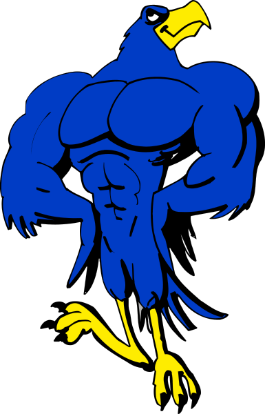 The image shows a cartoon of an eagle with muscular human arms flexing its wings while standing on two legs in front of what appears to be a flagpole.