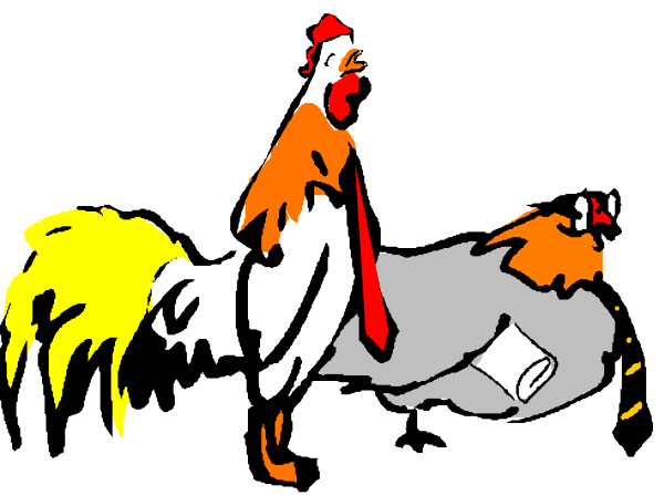 The black and white cartoon features a chicken with its head inside another bird's body while holding an envelope labeled "love letter."