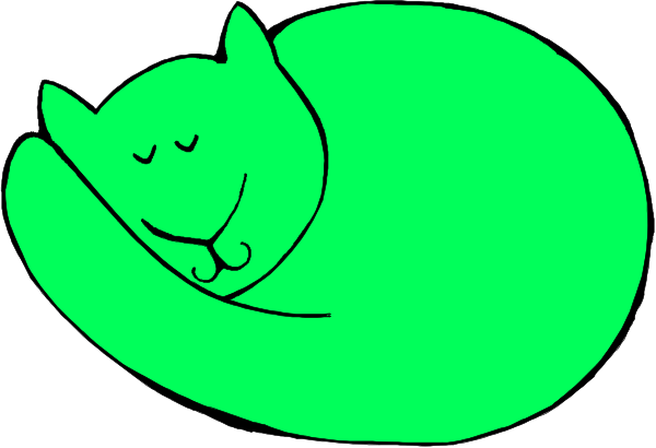 The image shows a green cat sleeping on its back with two paws up as if it's hugging itself.