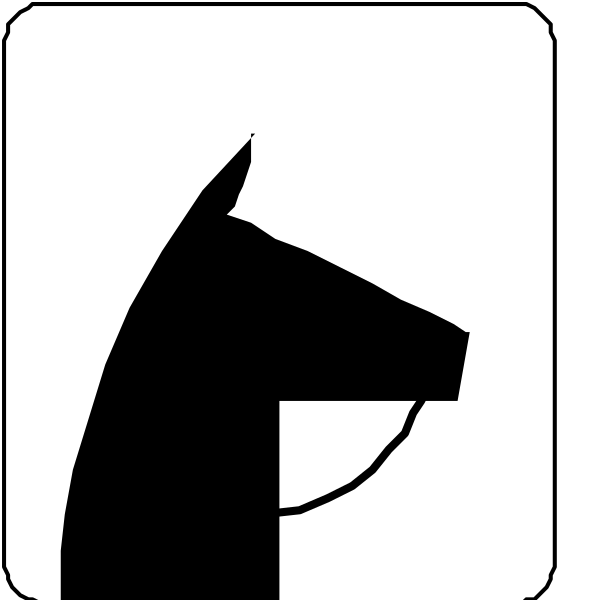 The image shows a black silhouette of an iconic horse's head with reins on its nose against a white background.