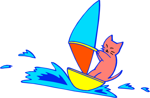 The image shows a cartoon cat on top of an upturned sailboat with two sails: red to its left and blue to its right; both in water that appears choppy due to waves, suggesting motion.